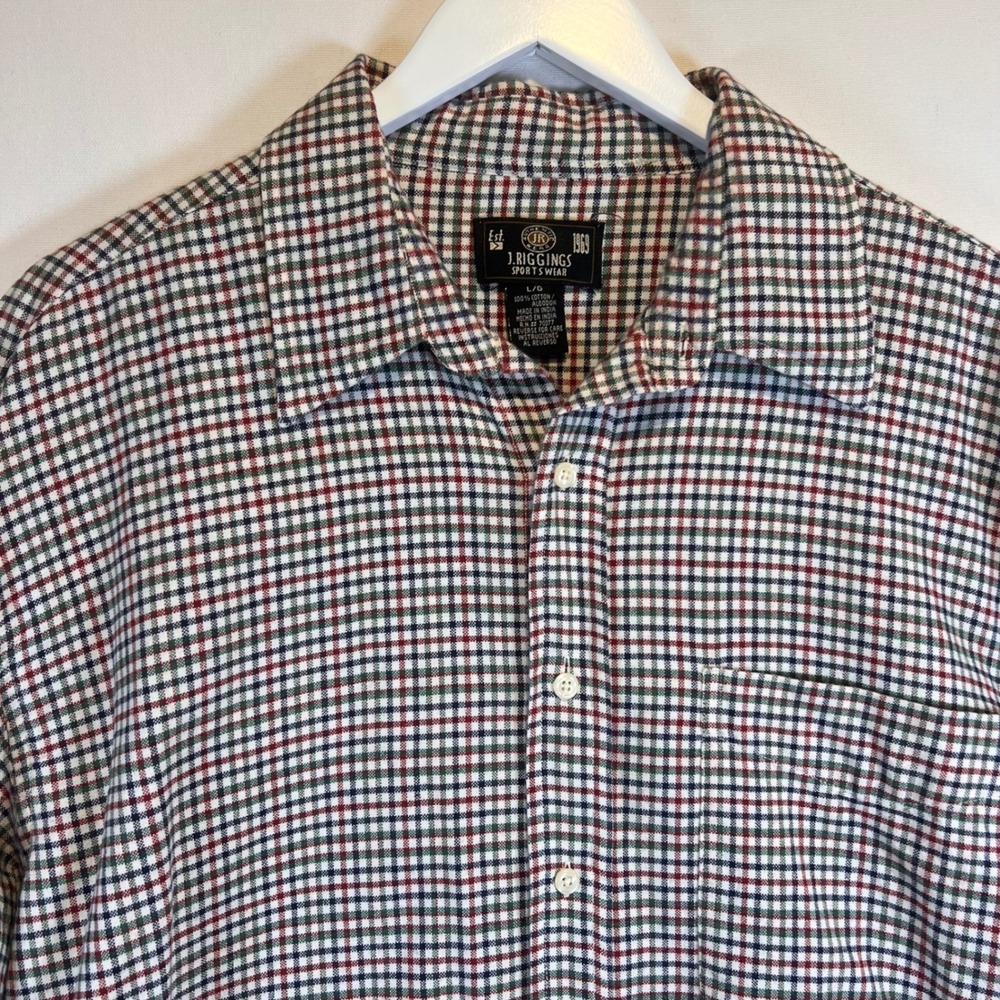 J. Riggins Button Down Shirt Mens Large Cotton Plaid Check Long Sleeve Classic L